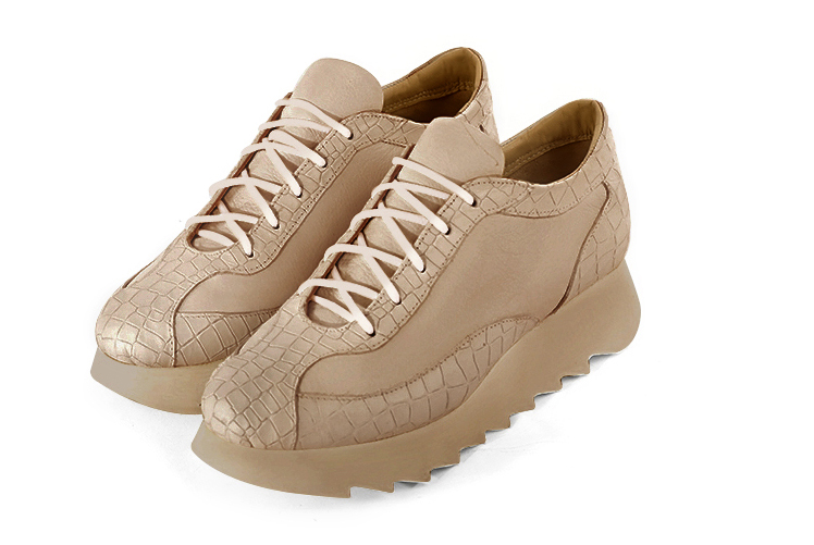 Tan beige women's elegant sneakers. Round toe. Low rubber soles. Front view - Florence KOOIJMAN